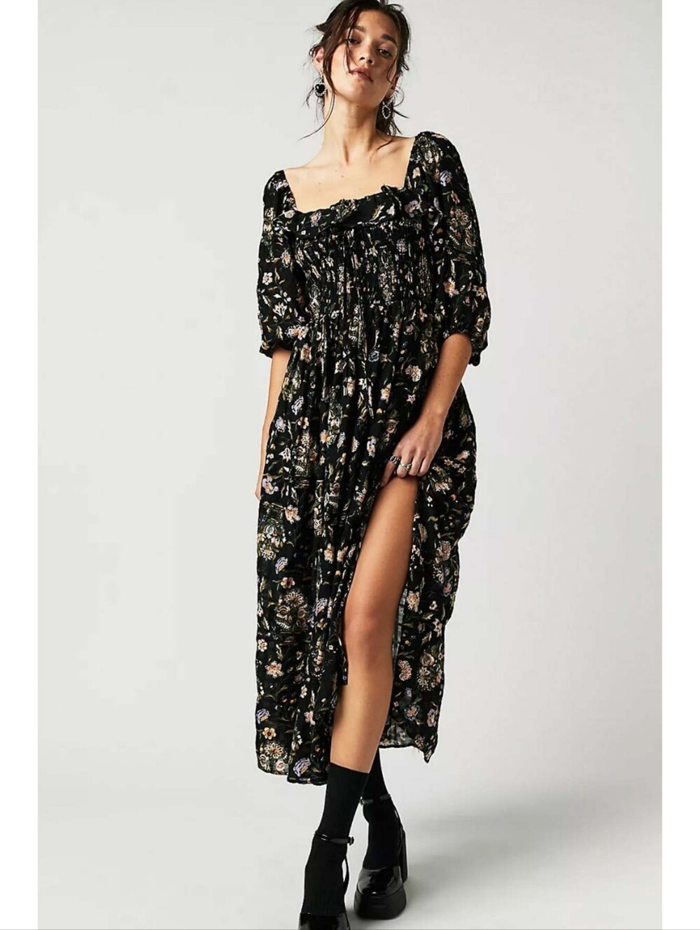 Free People Oasis Printed Midi Dress in Black Multi Floral